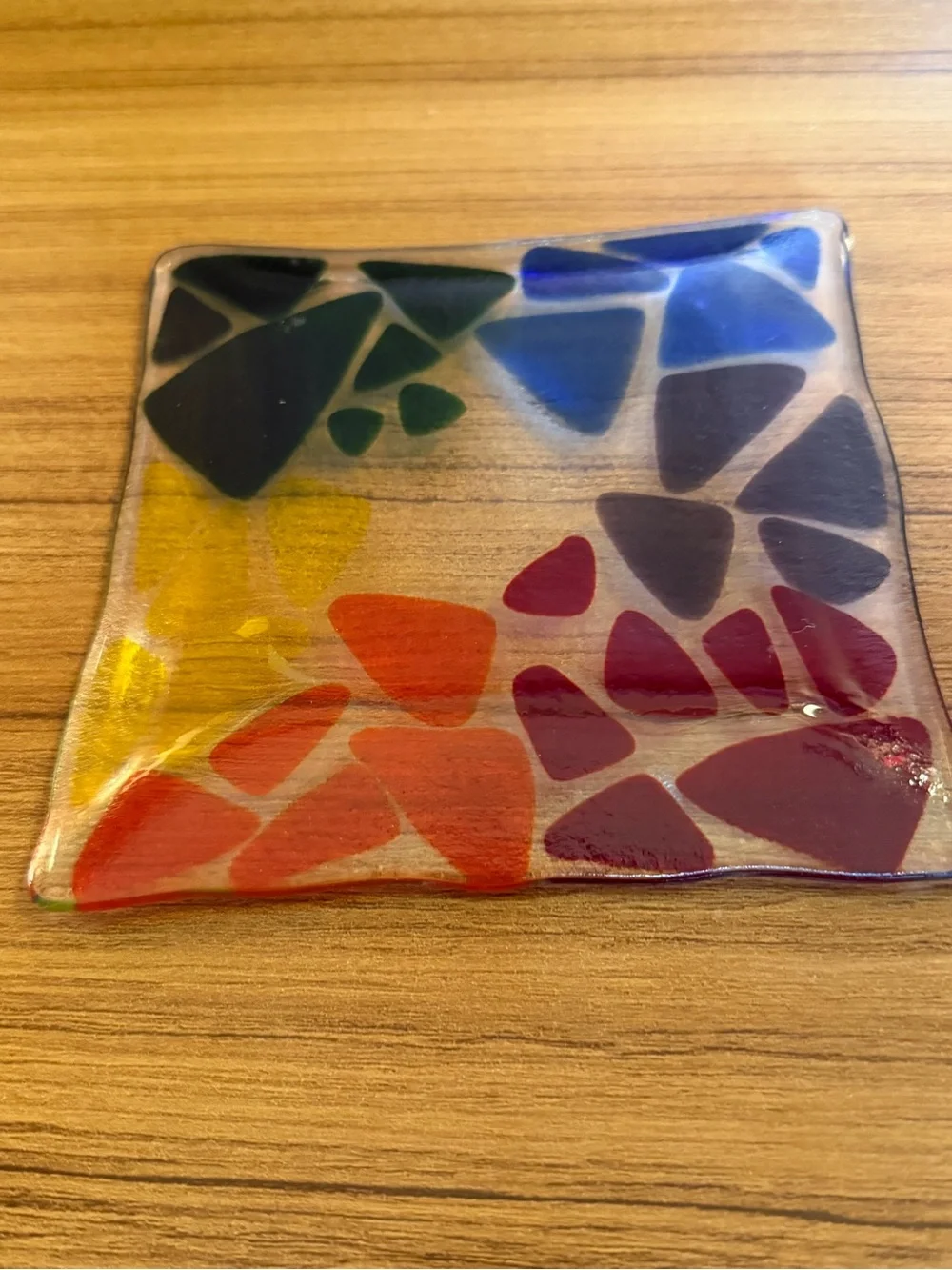 Handmade Fused Glass Mosaic Square Trinket Dish 5.5” Rainbow Colorful Art Deco